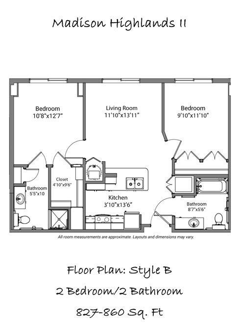 Floor plan for 2 beds, 2 baths, 860 sqft